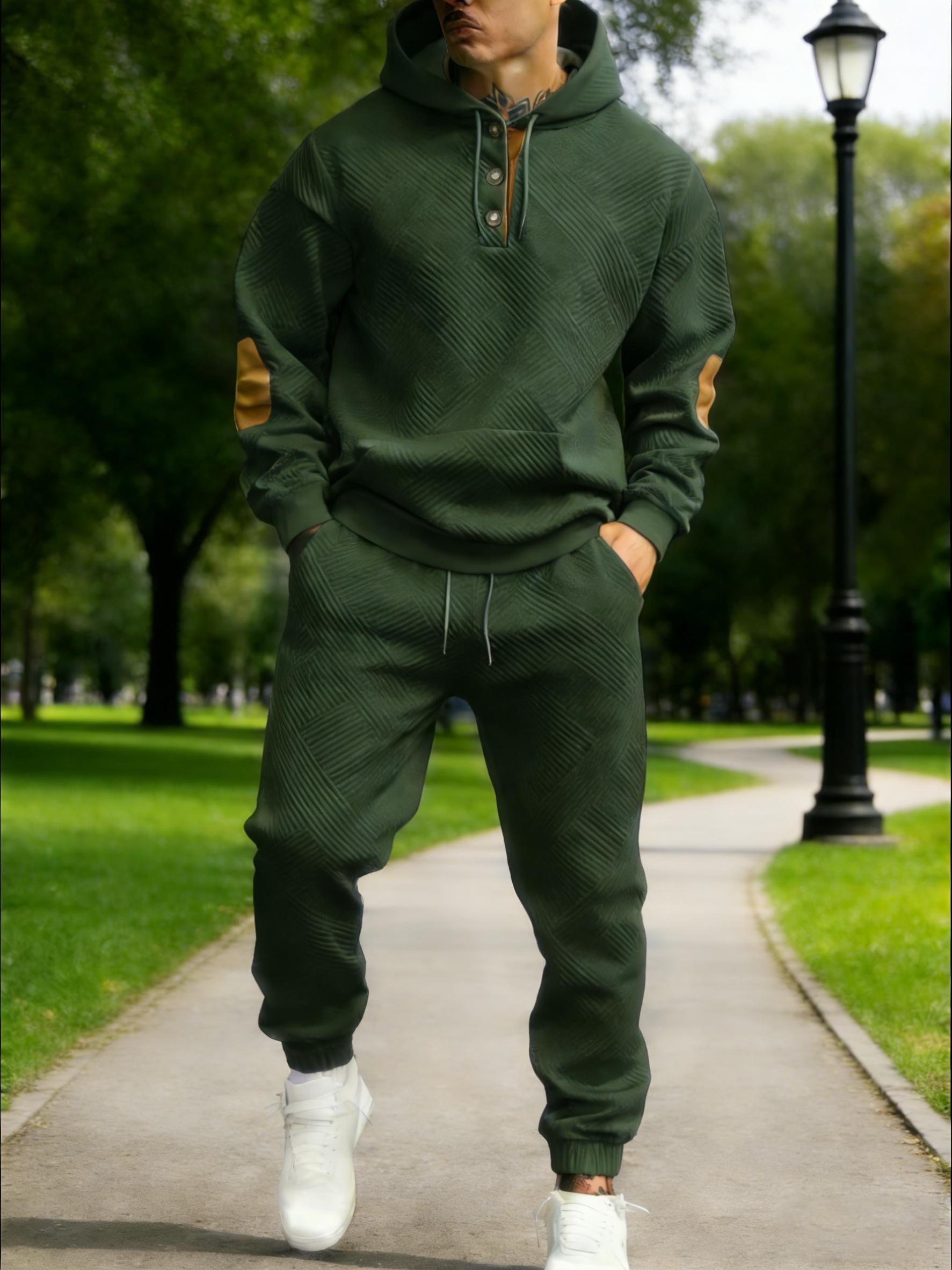 Men's 2-Piece Textured Hoodie Tracksuit - Geometric Pattern Sweatshirt, Contrasting Elbow Patches, Men's Sweatpants, Casual Street Style, Soft Comfortable 2026 Mensfashion Loungewear