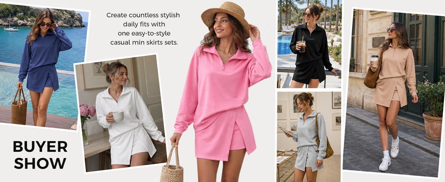 [HOT] Fisoew Women's 2-Piece Athleisure Outfit Sleeveless Half-Zip Sweatshirt & Long-Sleeve Skort Fitted Sportswear Set Casual Set Sports Clothing SohoChic