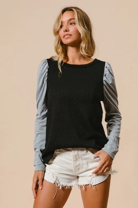 Cable Sweater Knit Top with Contrast Puff Sleeve