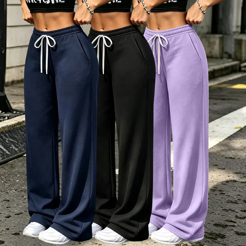 3Pcs Women's Casual Straight Leg Pants, Loose Fit Casual Pants with Drawstring Waist & Double Pockets - Fleece‑Lined, Solid Colors, Knit Fabric, Polyester, Versatile for Casual Attire, Jogging Pants, Basic Womenswear, Minimalist Bottom, Soft Fabric Pants 3Pcs Women's Casual Straight Leg Pants, Loose Fit Casual Pants with Drawstring Waist & Double Pockets - Fleece‑Lined, Solid Colors, Knit Fabric, Polyester, Versatile for Casual Attire, Jogging Pants, Basic Womenswear, Minimalist Bottom, Soft Fabric Pants