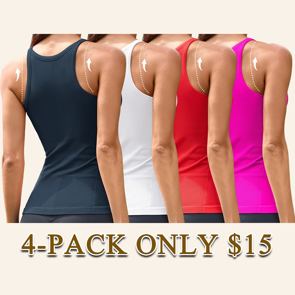 Women's Seamless Ribbed Racerback Tank Top Crew Neck Athletic Workout Camisole with Built-In Bra
