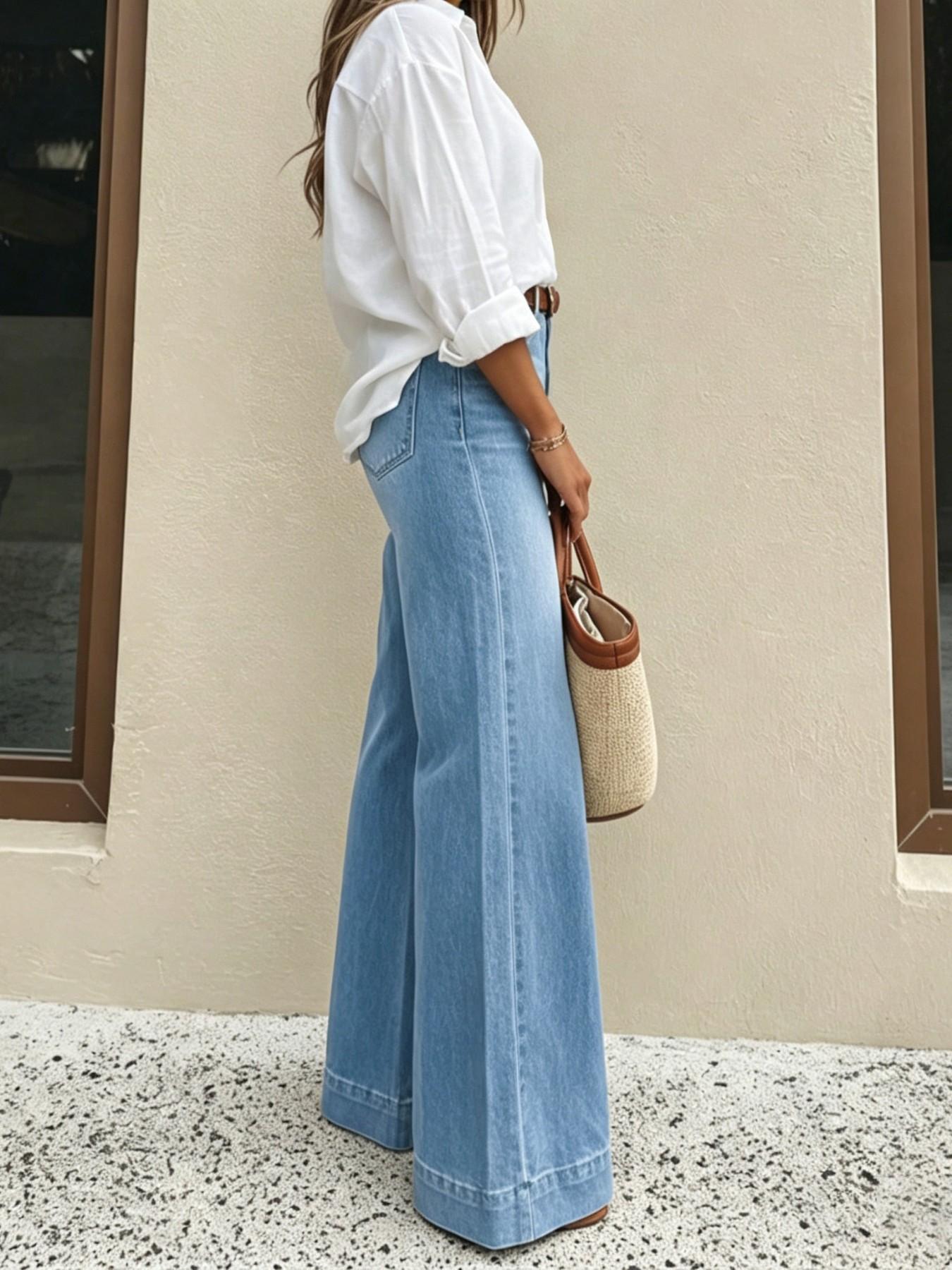 Women's Elastic Loose Fit Jeans, High Waist Slimming, Casual Style, Plain Surface, All Seasons, Unlined, Comfortable and Versatile