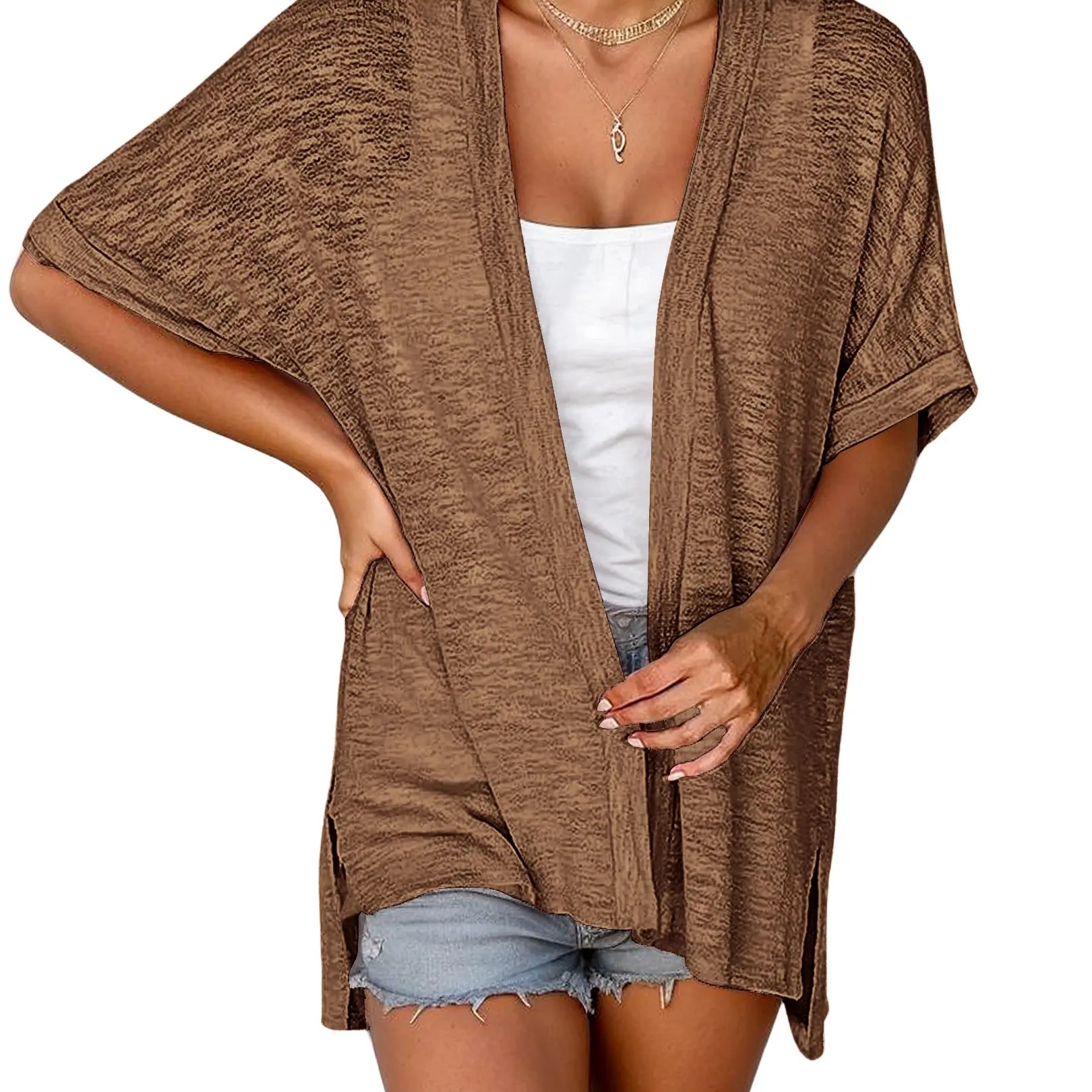 Women's Oversized Short Sleeve Open Front Knit Cardigan Lightweight Summer Beach Cover Up Casual Batwing Knit Top