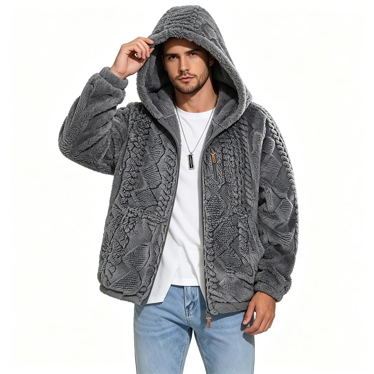 Men's thermal fleece jacket Polyester Jacquard Fabric Zip-Up Hoodie Jacket - Warm, Loose-Fit, Plush Texture, Plain Hooded Outerwear with Decorative Zipper Pull, Kangaroo Pockets for Outdoor & Indoor Urban Commute Menswear