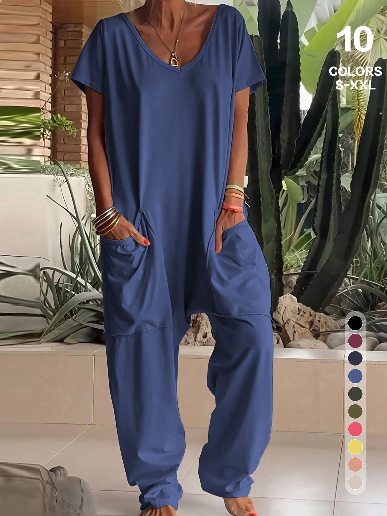 Women's Basic V-Neck Short Sleeve Jumpsuit - Casual Loose Wide Leg Romper with Pockets