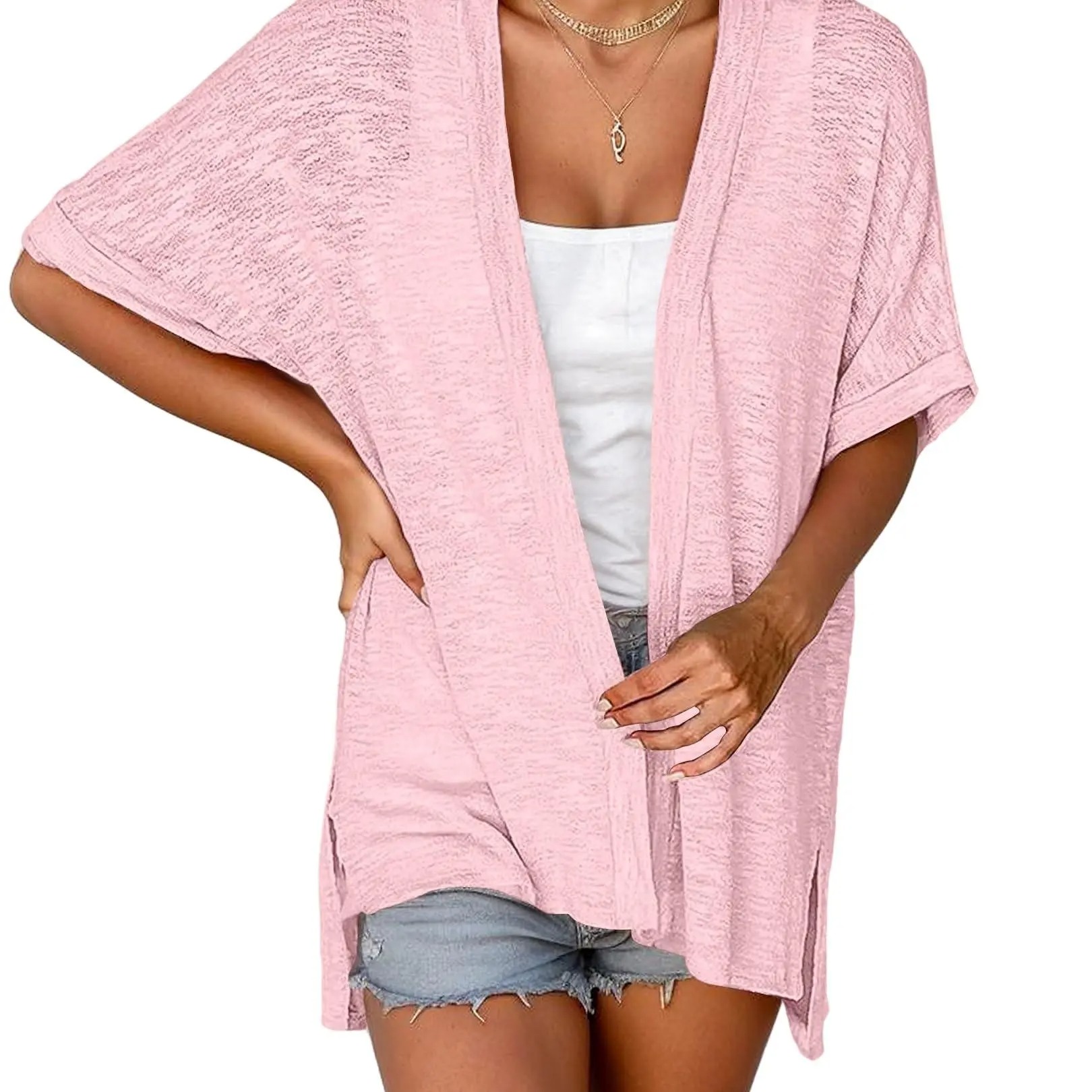 Women's Oversized Short Sleeve Open Front Knit Cardigan Lightweight Summer Beach Cover Up Casual Batwing Knit Top