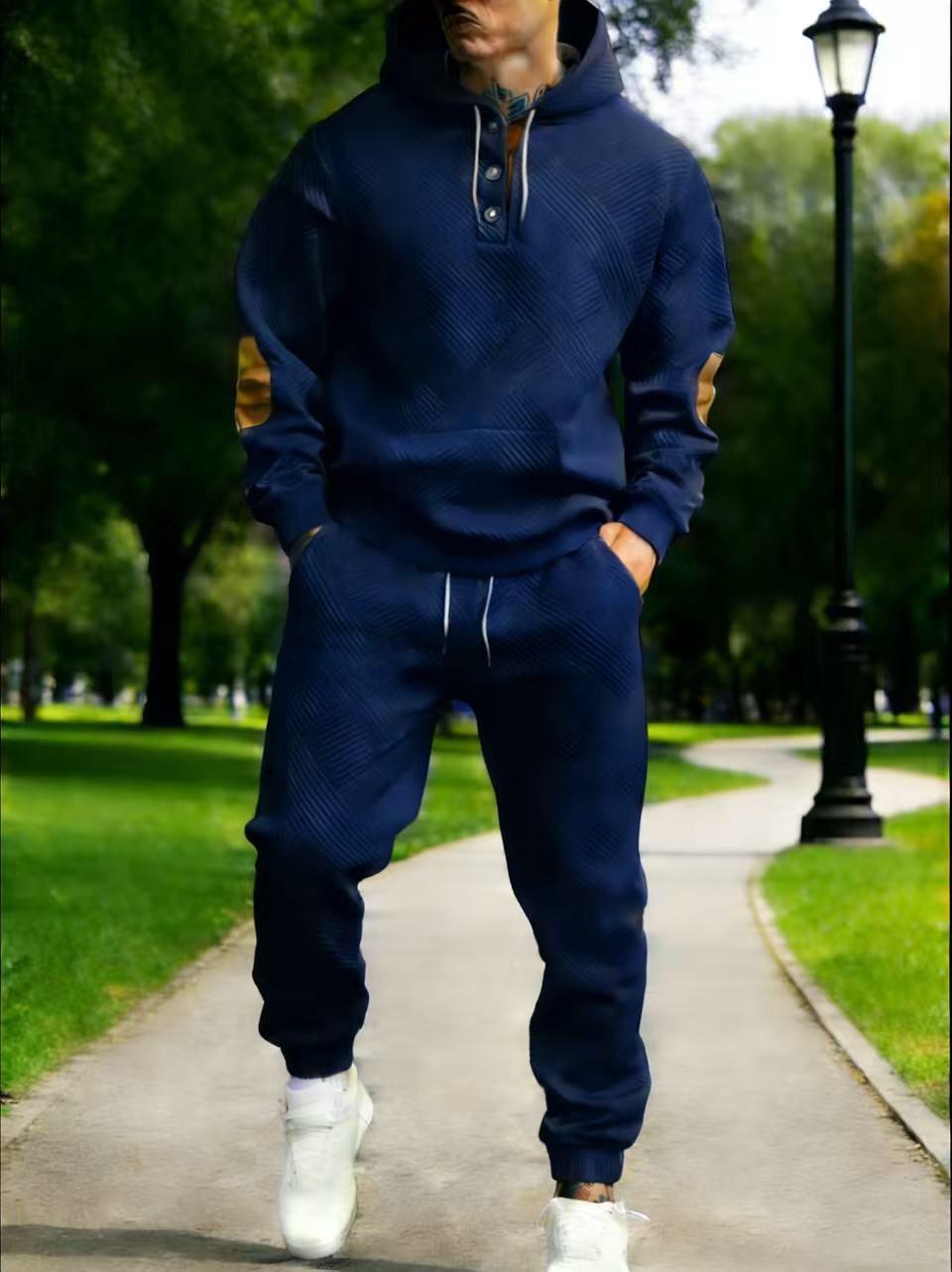 Men's 2-Piece Textured Hoodie Tracksuit - Geometric Pattern Sweatshirt, Contrasting Elbow Patches, Men's Sweatpants, Casual Street Style, Soft Comfortable 2026 Mensfashion Loungewear