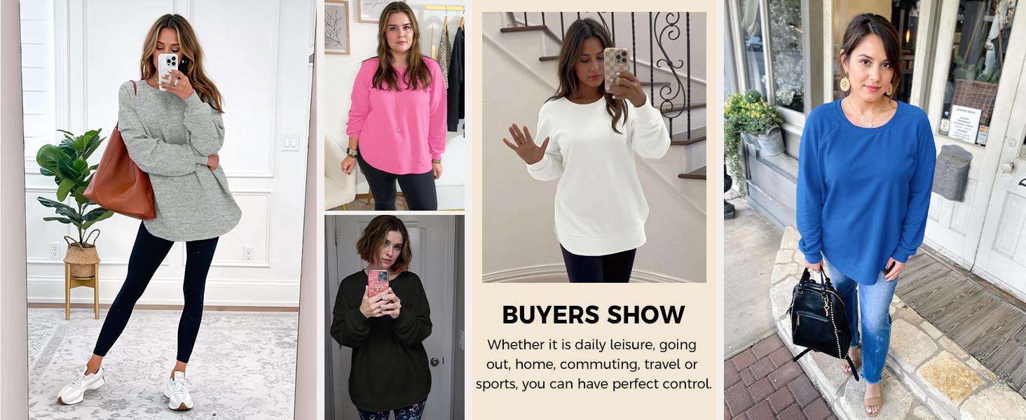 Fisoew Women's Soft Comfortable Aesthetic Sweatshirt Long Sleeve Round Neck Pullover High Low Curved Hem with Side Slits Oversized Basic Minimalist Tunic Top for Leggings Casual Layering Outfits Sporty Chic Athleisure SohoChic