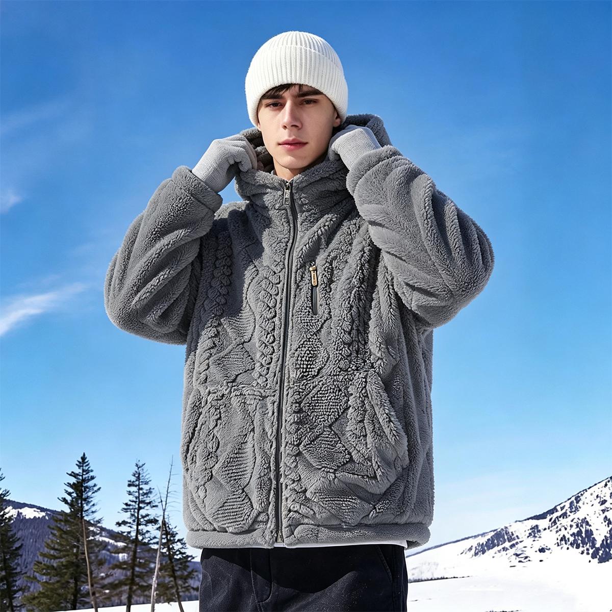 Men's thermal fleece jacket Polyester Jacquard Fabric Zip-Up Hoodie Jacket - Warm, Loose-Fit, Plush Texture, Plain Hooded Outerwear with Decorative Zipper Pull, Kangaroo Pockets for Outdoor & Indoor Urban Commute Menswear