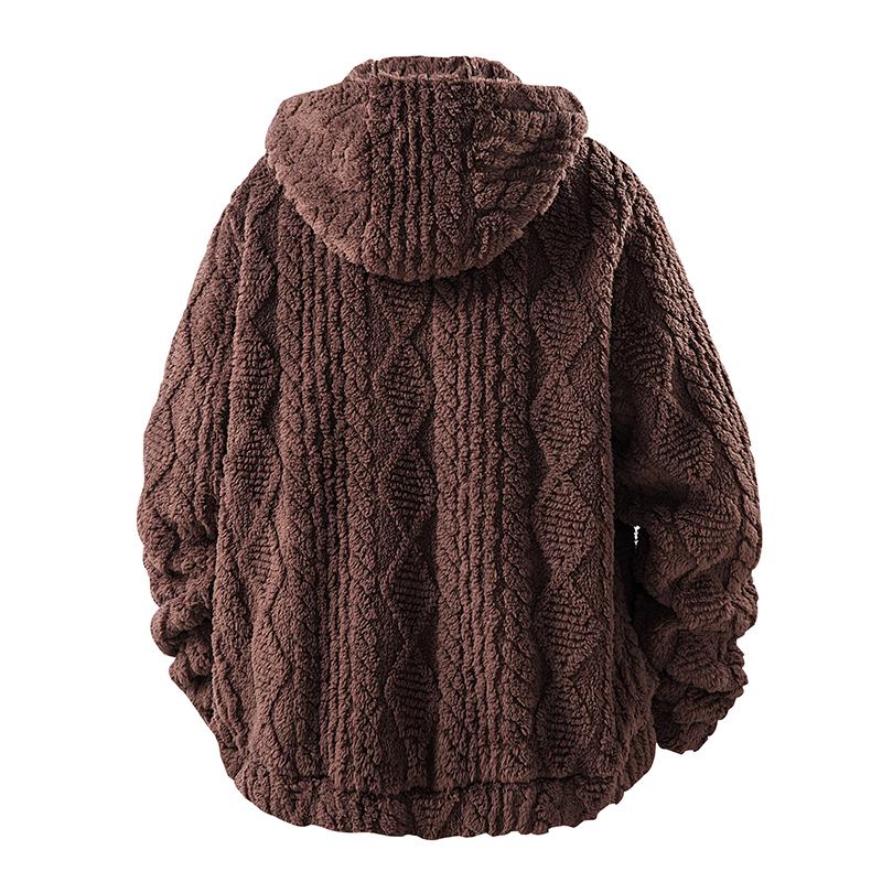 Men's thermal fleece jacket Polyester Jacquard Fabric Zip-Up Hoodie Jacket - Warm, Loose-Fit, Plush Texture, Plain Hooded Outerwear with Decorative Zipper Pull, Kangaroo Pockets for Outdoor & Indoor Urban Commute Menswear