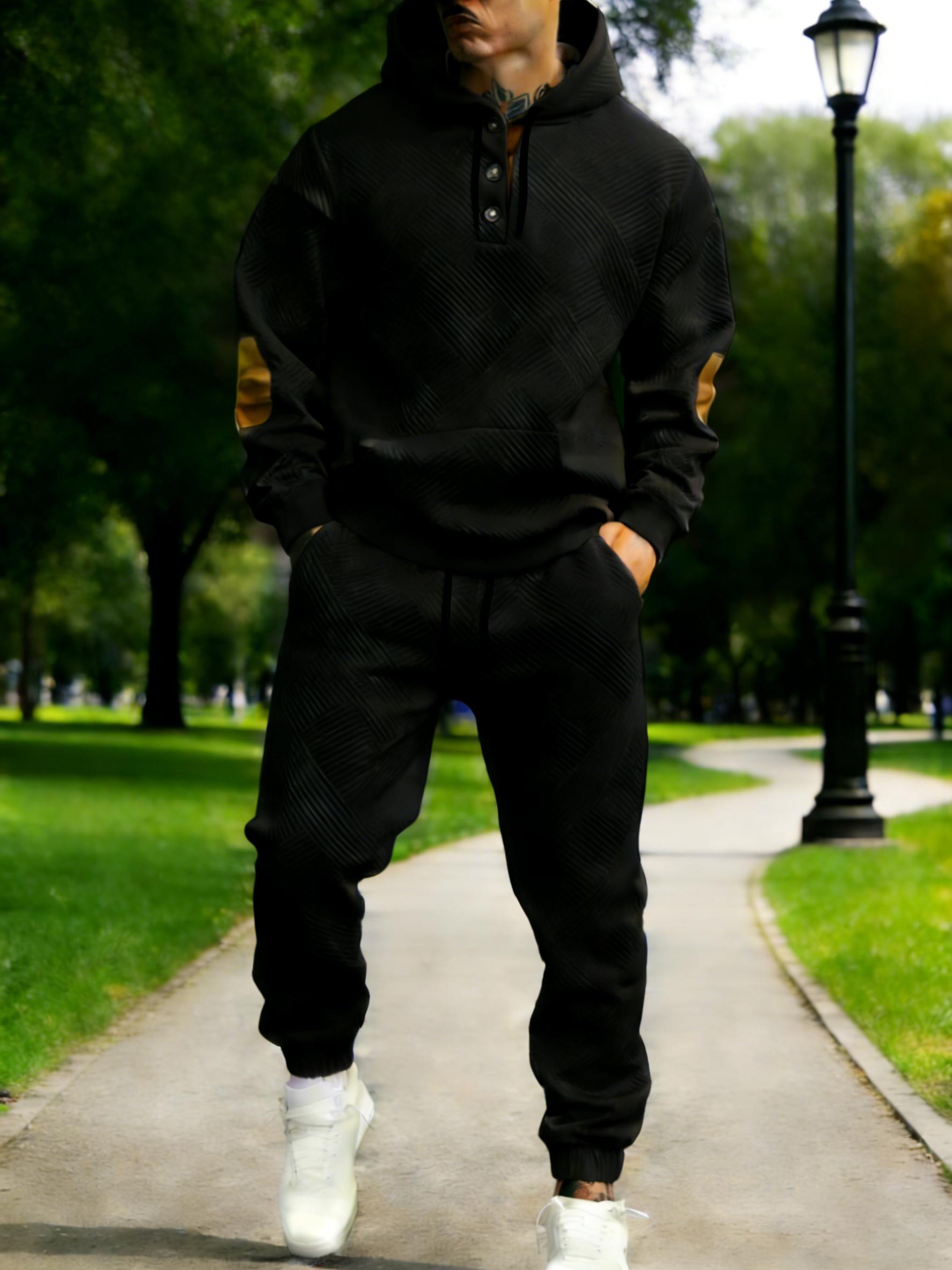 Men's 2-Piece Textured Hoodie Tracksuit - Geometric Pattern Sweatshirt, Contrasting Elbow Patches, Men's Sweatpants, Casual Street Style, Soft Comfortable 2026 Mensfashion Loungewear