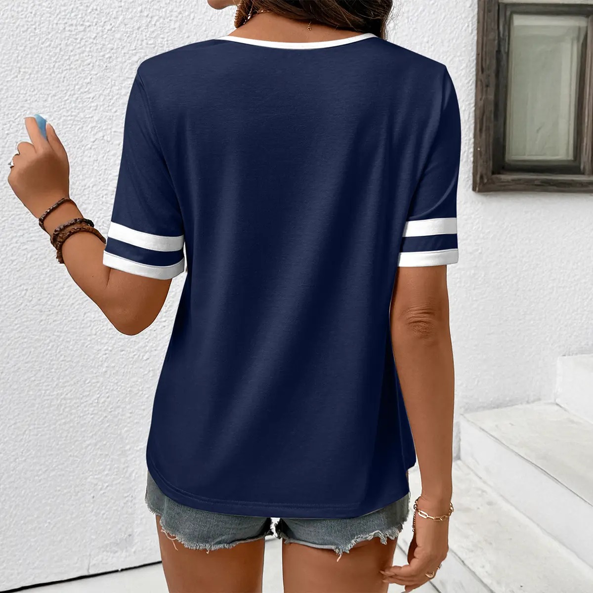 Women's V-Neck Striped Short Sleeve Top Fitted Cotton Blend Breathable Summer Daily Wear Blouse