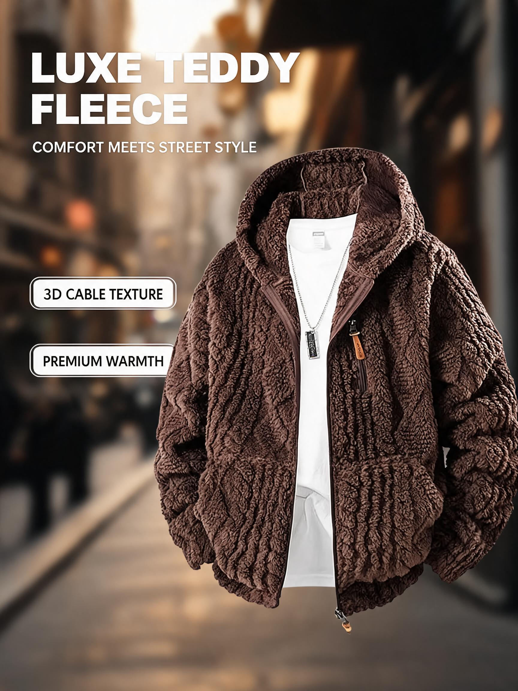 Men's thermal fleece jacket Polyester Jacquard Fabric Zip-Up Hoodie Jacket - Warm, Loose-Fit, Plush Texture, Plain Hooded Outerwear with Decorative Zipper Pull, Kangaroo Pockets for Outdoor & Indoor Urban Commute Menswear