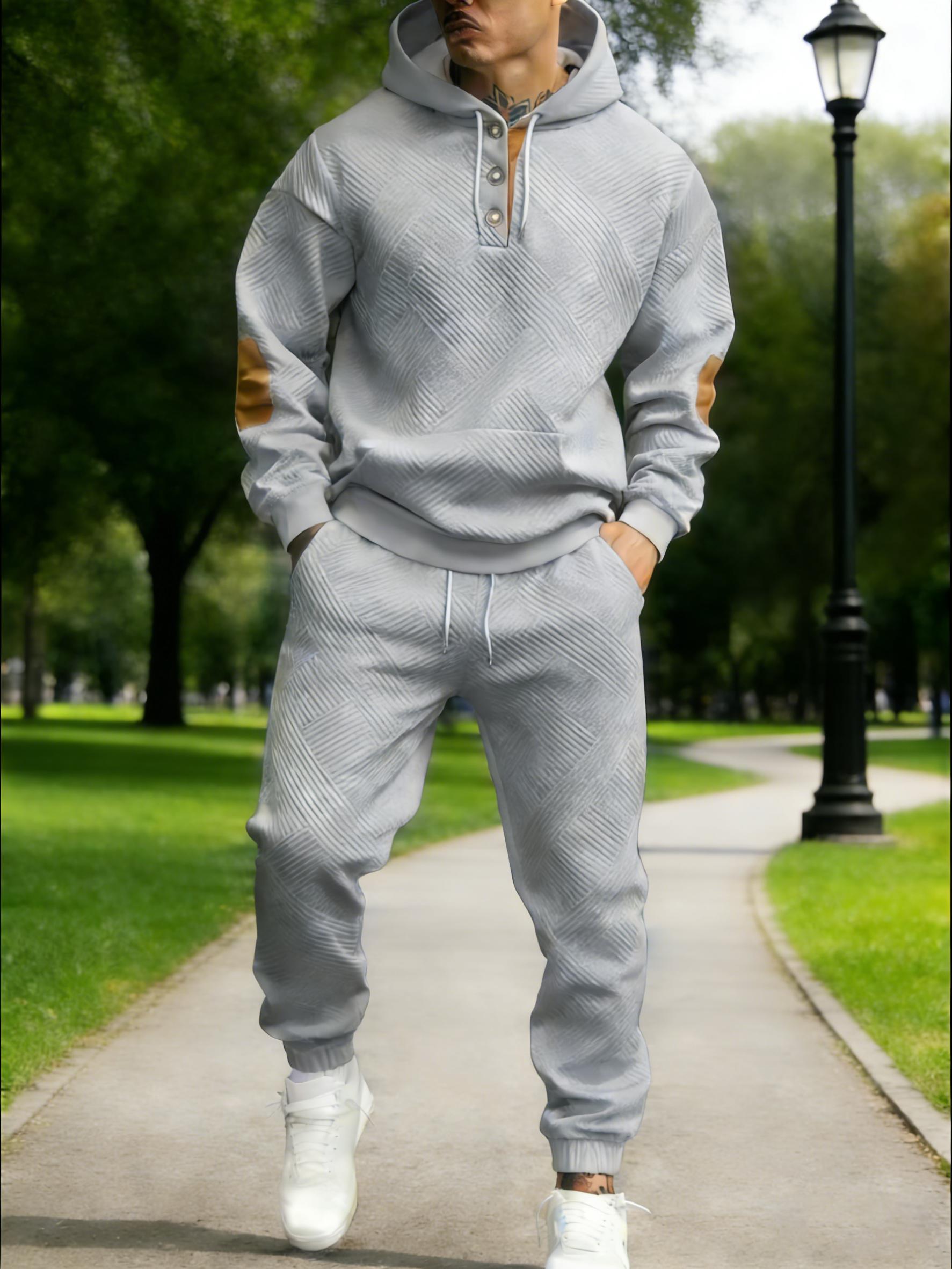 Men's 2-Piece Textured Hoodie Tracksuit - Geometric Pattern Sweatshirt, Contrasting Elbow Patches, Men's Sweatpants, Casual Street Style, Soft Comfortable 2026 Mensfashion Loungewear