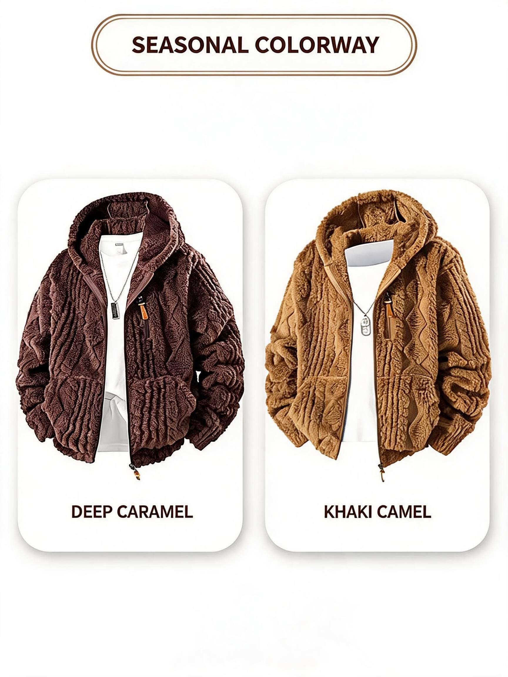 Men's thermal fleece jacket Polyester Jacquard Fabric Zip-Up Hoodie Jacket - Warm, Loose-Fit, Plush Texture, Plain Hooded Outerwear with Decorative Zipper Pull, Kangaroo Pockets for Outdoor & Indoor Urban Commute Menswear