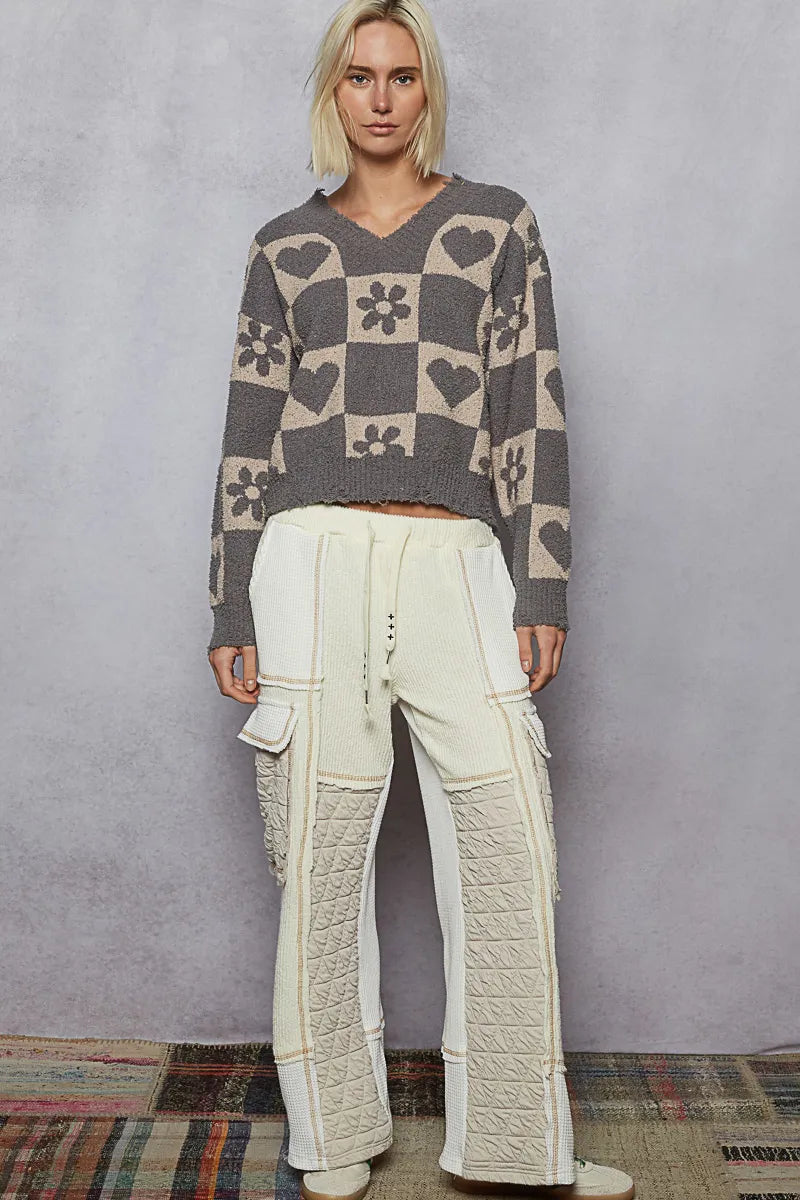 V-Neck Heart Pattern Checkered Sweater