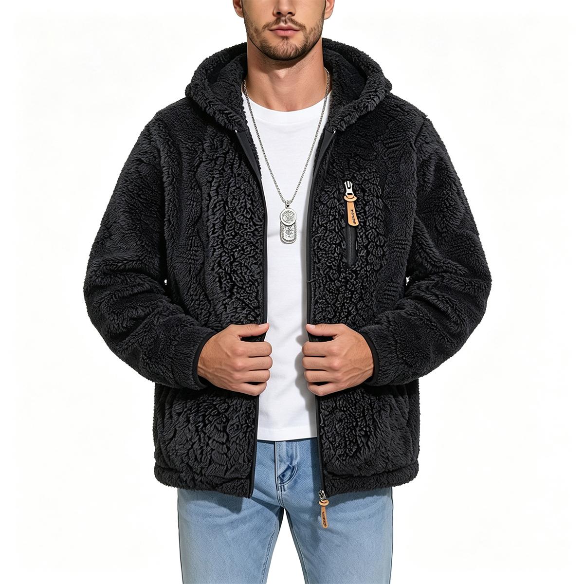 Men's thermal fleece jacket Polyester Jacquard Fabric Zip-Up Hoodie Jacket - Warm, Loose-Fit, Plush Texture, Plain Hooded Outerwear with Decorative Zipper Pull, Kangaroo Pockets for Outdoor & Indoor Urban Commute Menswear