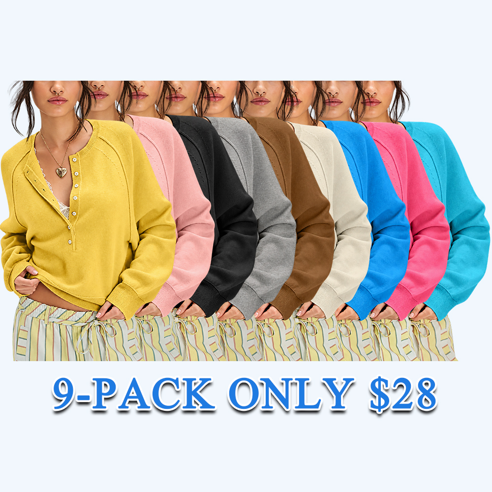 Women's Henley Half Button Knit Sweater, Long Sleeve Lightweight Solid Casual Pullover, Soft Comfortable