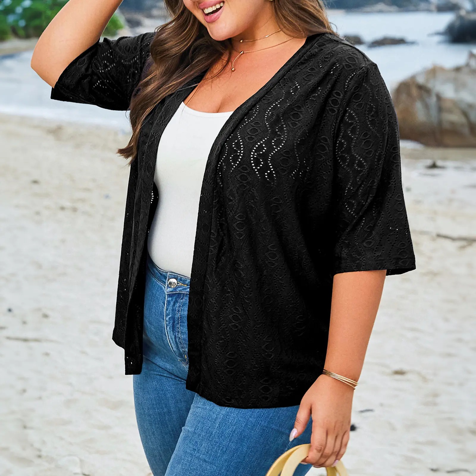 Women's Half Sleeve Jacquard Knit Kimono Cardigan Lightweight Open Front Summer Cover Up