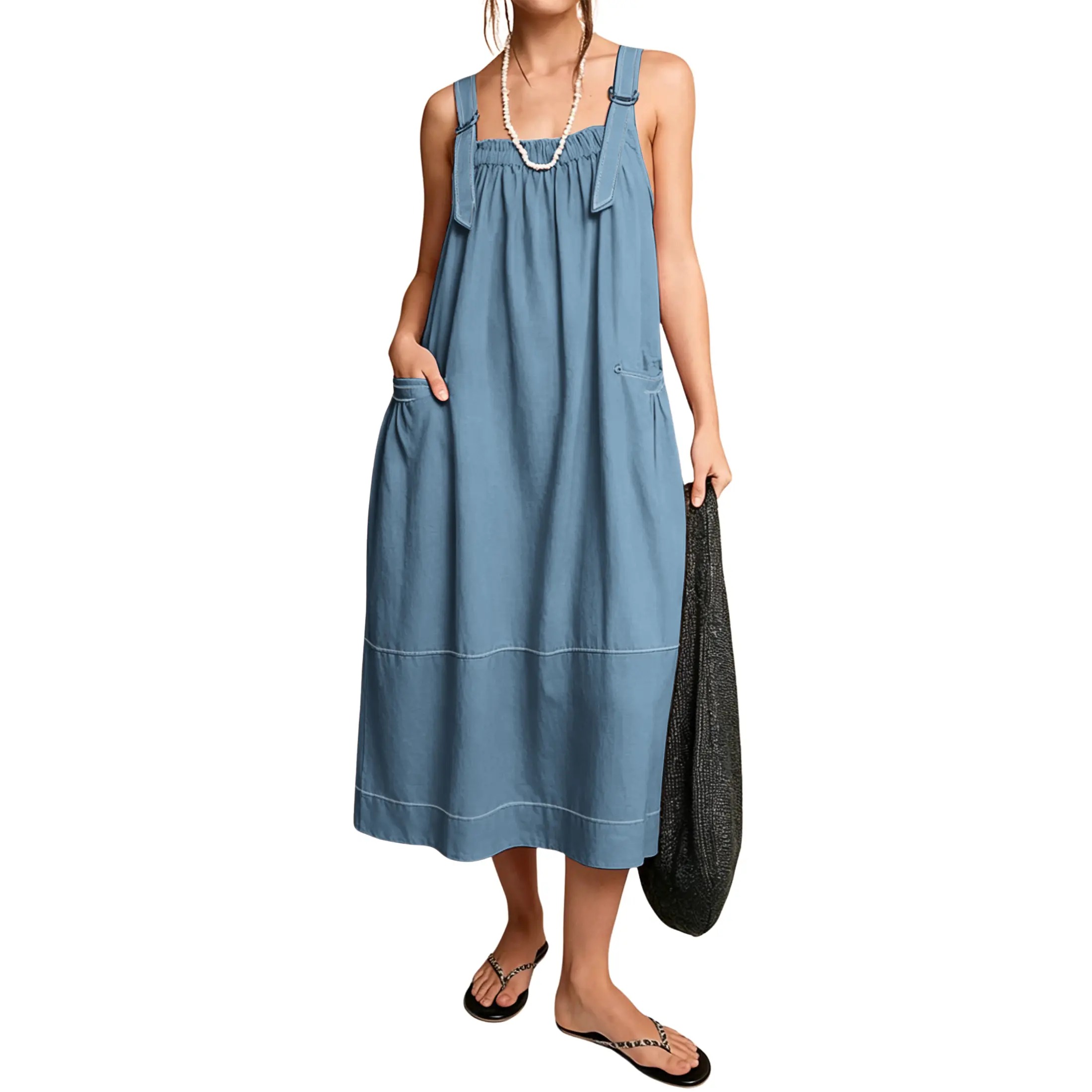 Women's Adjustable Straps Barrel Midi Dress Sleeveless Casual Midi Dress with Side Pockets for Summer Beach Vacation