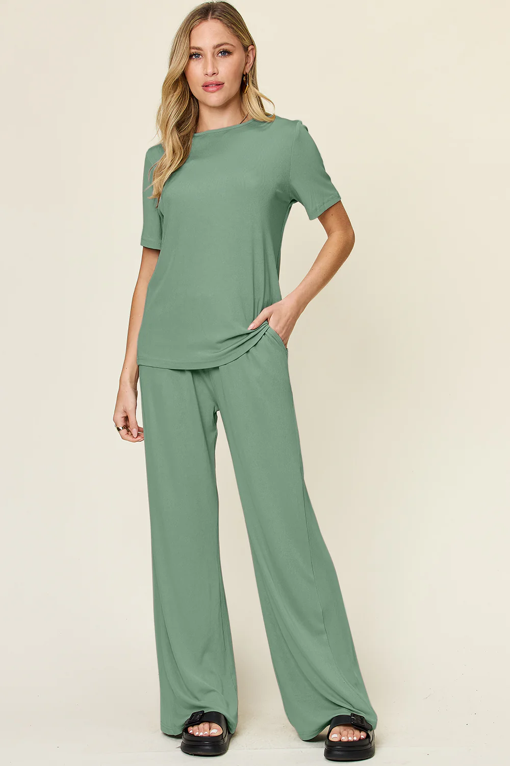 Full Size Round Neck Short Sleeve T-Shirt and Wide Leg Pants Set