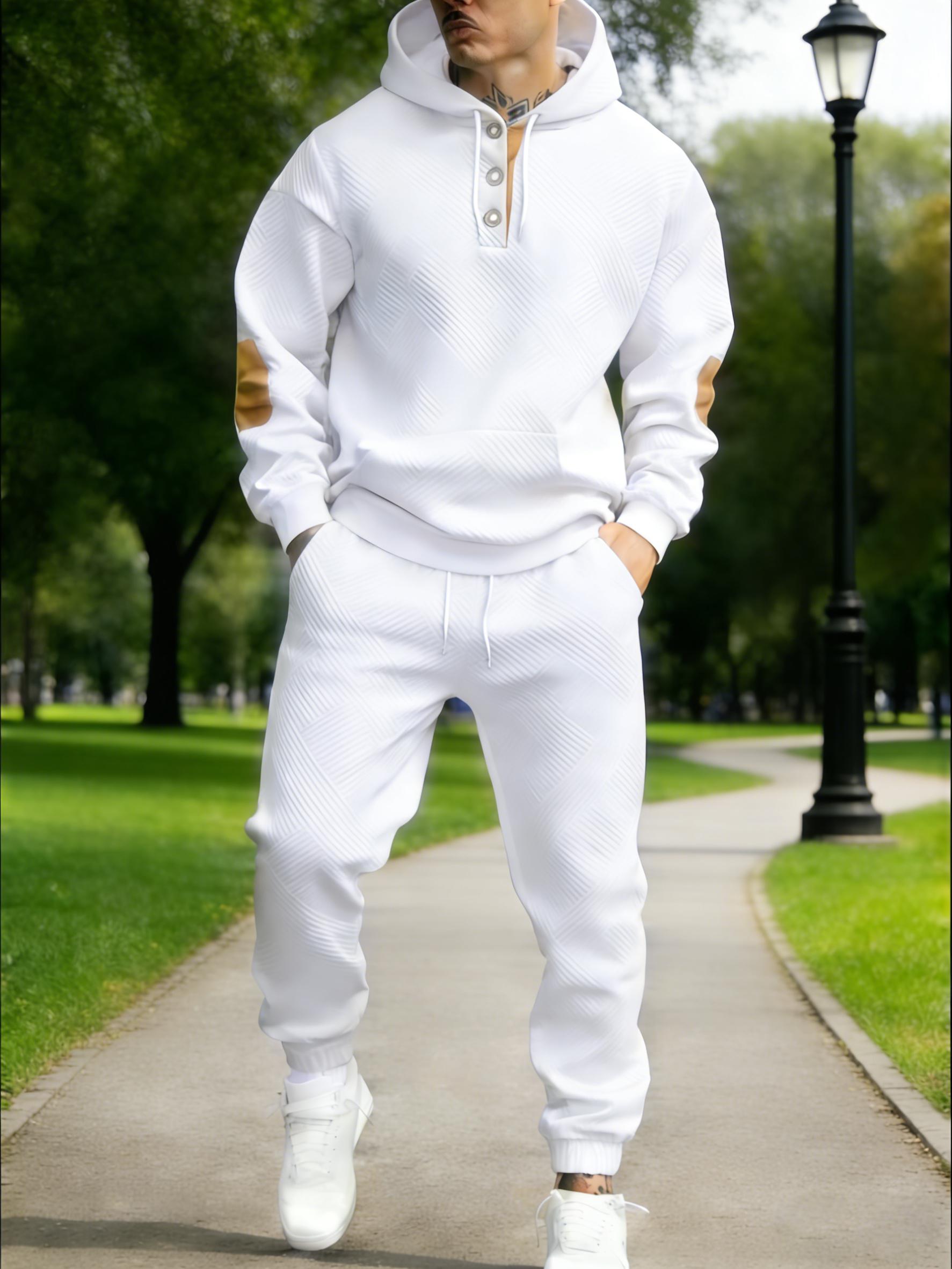 Men's 2-Piece Textured Hoodie Tracksuit - Geometric Pattern Sweatshirt, Contrasting Elbow Patches, Men's Sweatpants, Casual Street Style, Soft Comfortable 2026 Mensfashion Loungewear