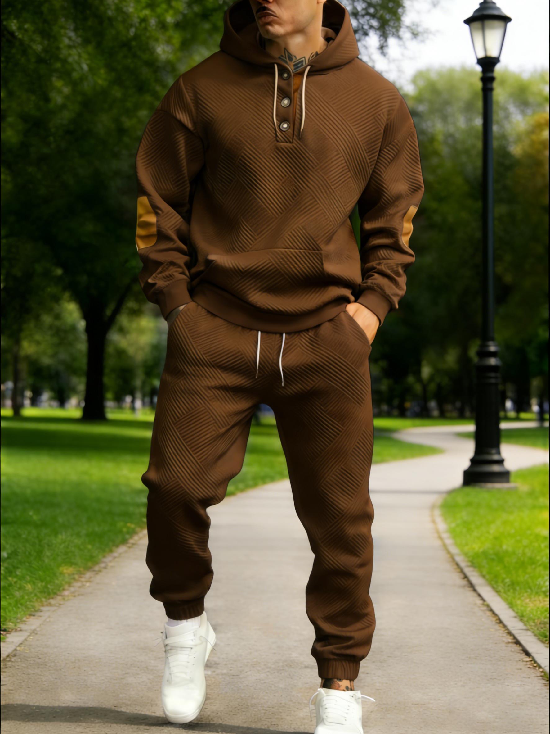 Men's 2-Piece Textured Hoodie Tracksuit - Geometric Pattern Sweatshirt, Contrasting Elbow Patches, Men's Sweatpants, Casual Street Style, Soft Comfortable 2026 Mensfashion Loungewear
