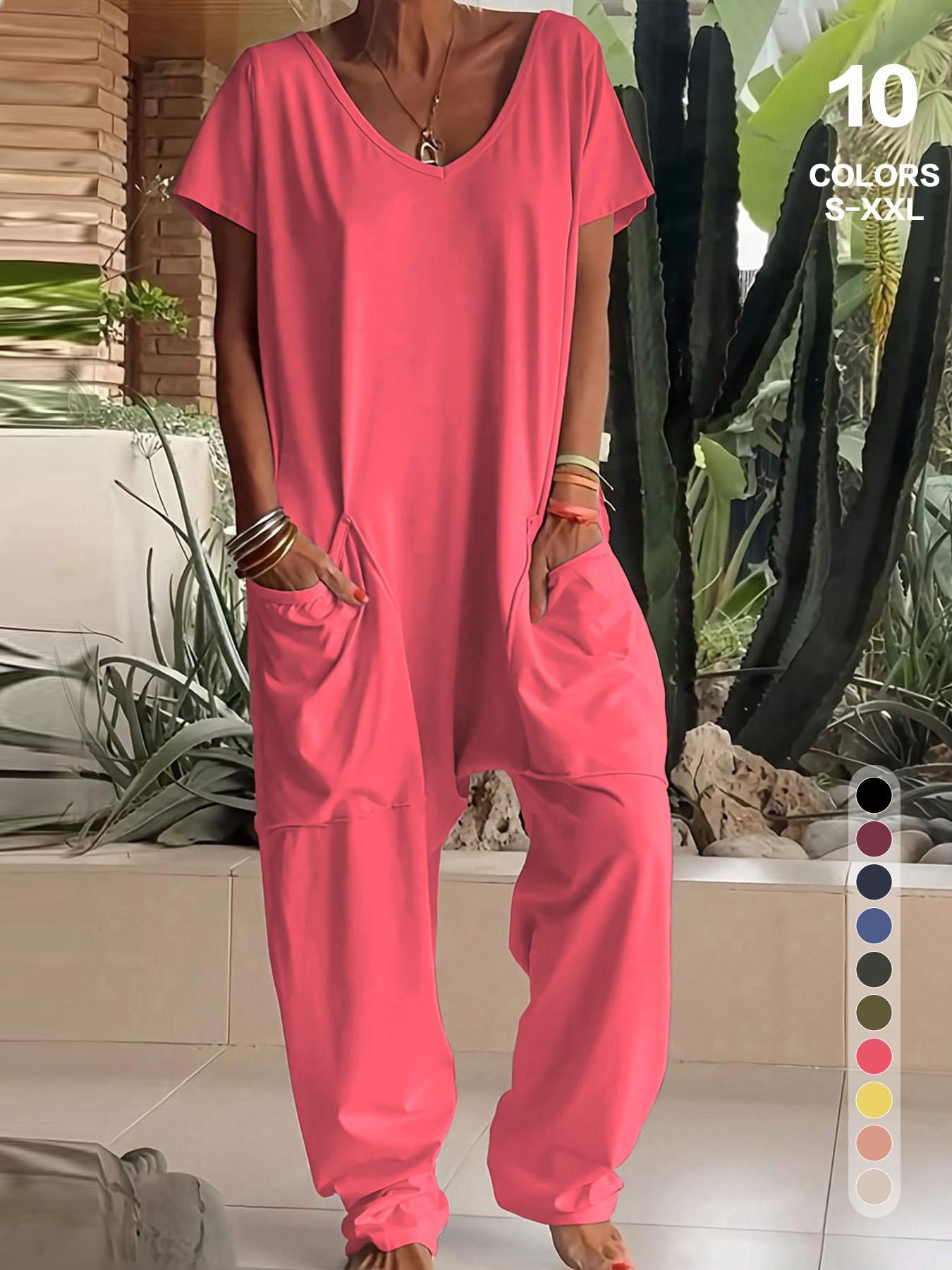 Women's Basic V-Neck Short Sleeve Jumpsuit - Casual Loose Wide Leg Romper with Pockets
