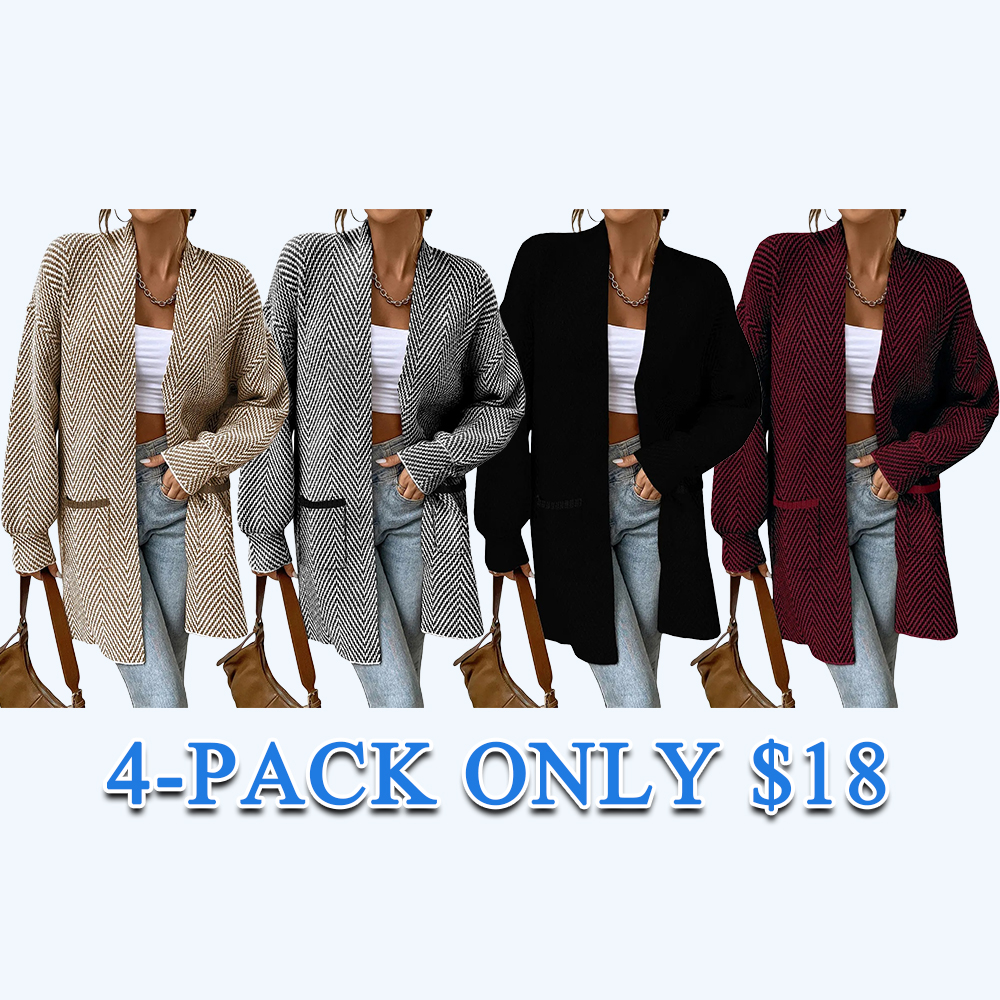 Women's Open Front Herringbone Colorblock Cardigan Sweater, Soft Chunky Knit Oversized Sweater Coat with Pockets