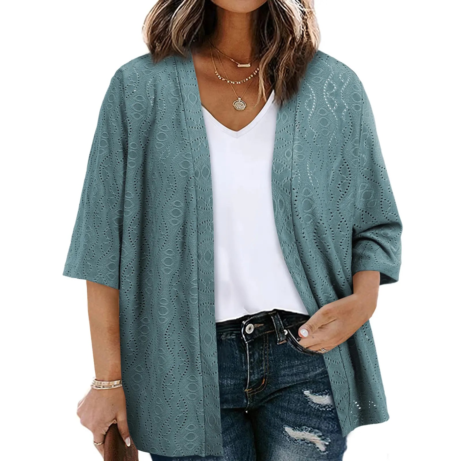 Women's Half Sleeve Jacquard Knit Kimono Cardigan Lightweight Open Front Summer Cover Up