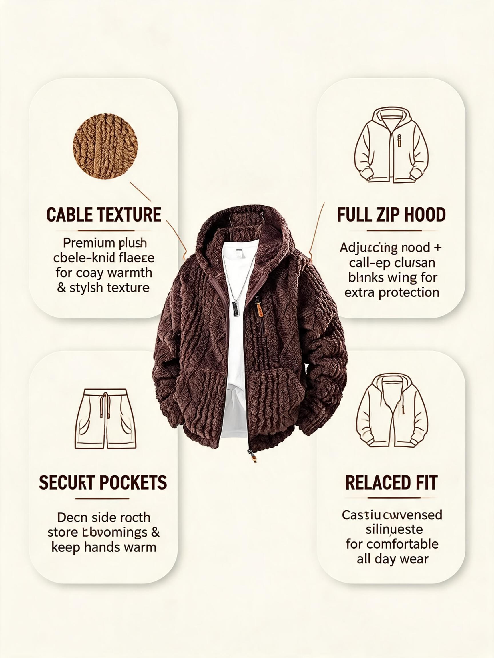 Men's thermal fleece jacket Polyester Jacquard Fabric Zip-Up Hoodie Jacket - Warm, Loose-Fit, Plush Texture, Plain Hooded Outerwear with Decorative Zipper Pull, Kangaroo Pockets for Outdoor & Indoor Urban Commute Menswear