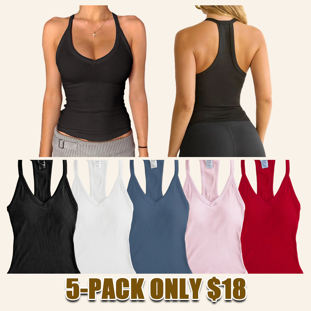 Women's V-Neck Ribbed Racerback Tank Top Fitted Longline Padded Athletic Casual Cami Top