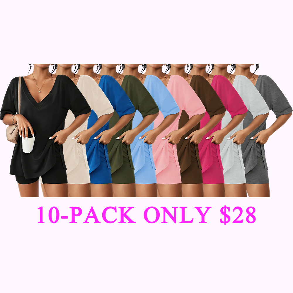 Women's V-Neck 2-Piece Loungewear Set Oversized Split Hem Top & High Waist Biker Shorts Casual Soft Pajamas