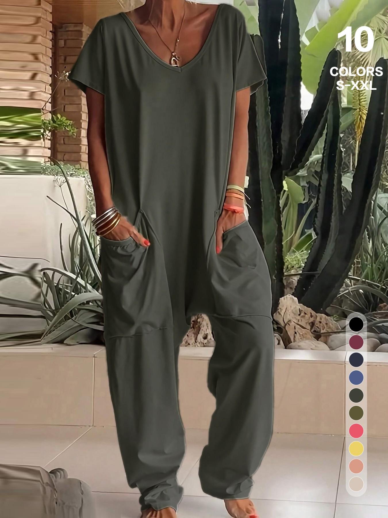 Women's Basic V-Neck Short Sleeve Jumpsuit - Casual Loose Wide Leg Romper with Pockets