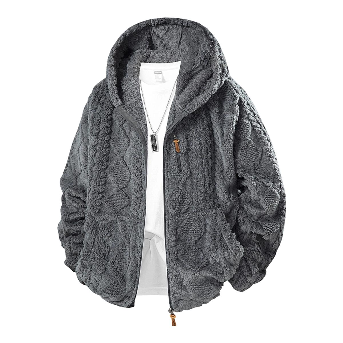 Men's thermal fleece jacket Polyester Jacquard Fabric Zip-Up Hoodie Jacket - Warm, Loose-Fit, Plush Texture, Plain Hooded Outerwear with Decorative Zipper Pull, Kangaroo Pockets for Outdoor & Indoor Urban Commute Menswear