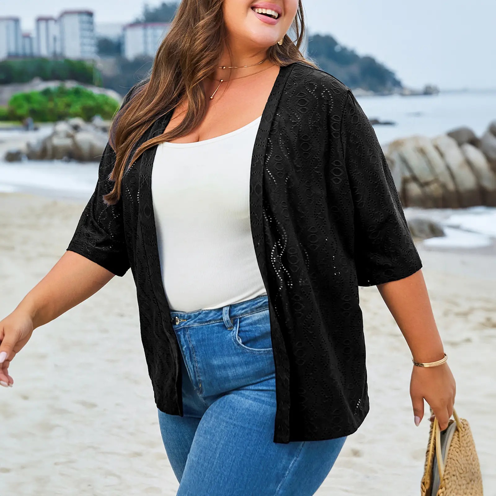 Women's Half Sleeve Jacquard Knit Kimono Cardigan Lightweight Open Front Summer Cover Up