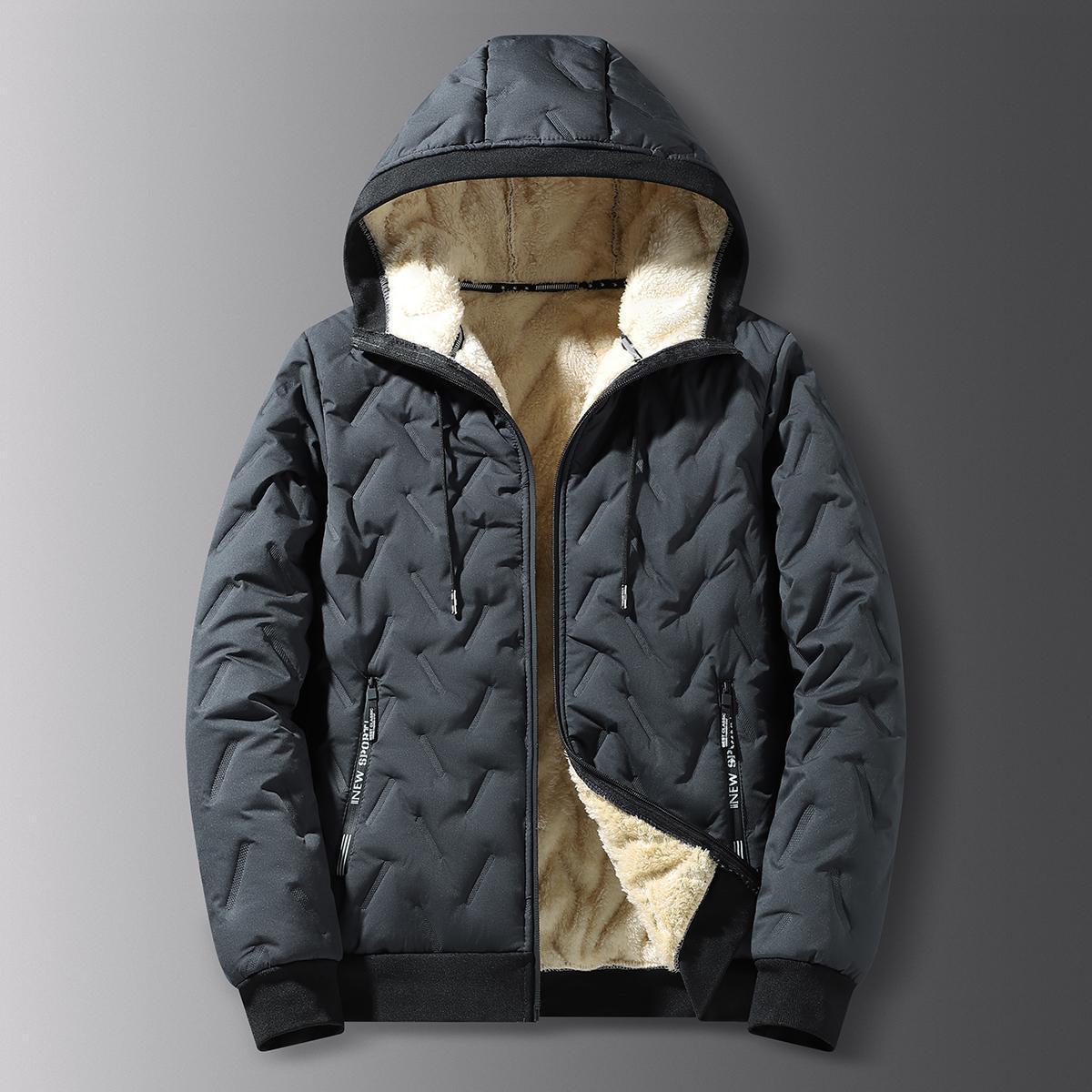 Men's Korean Casual Baggy Winter Jacket - Solid Color, Fleece-Lined Polyester, Hooded, Windproof for Outdoor Commuting, Woven, Hooded Protection, Long Sleeves Keep Arms Covered, Plain Style Keeps Outfits Clean, Windproof Coat zipper full
