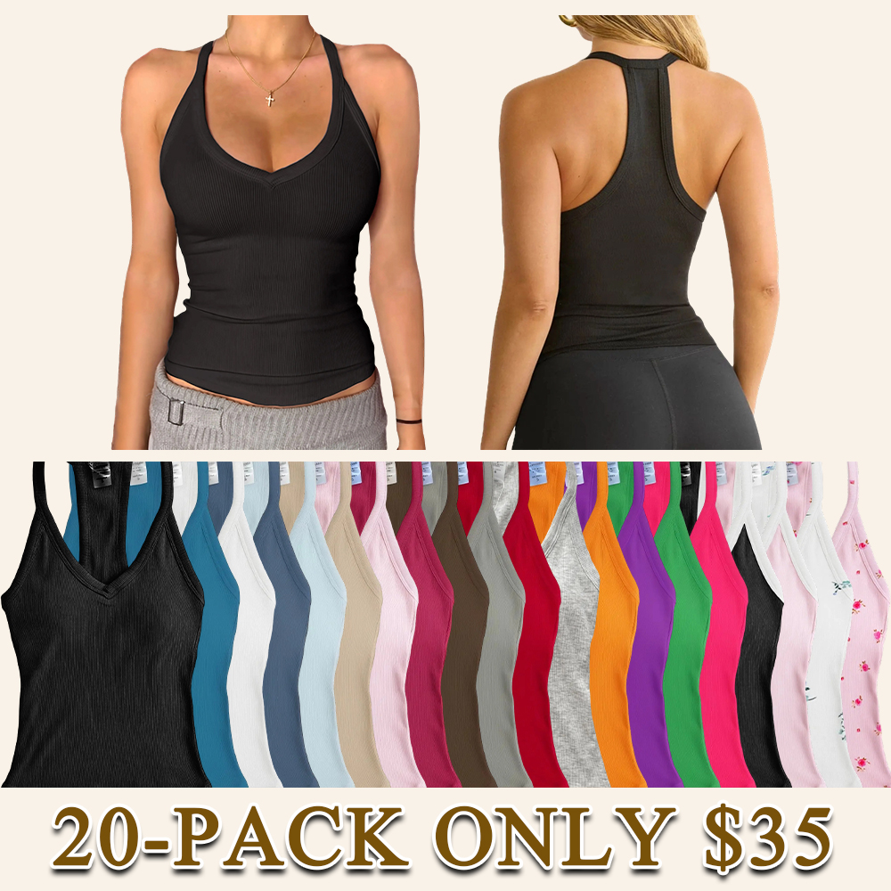 Women's V-Neck Ribbed Racerback Tank Top Fitted Longline Padded Athletic Casual Cami Top