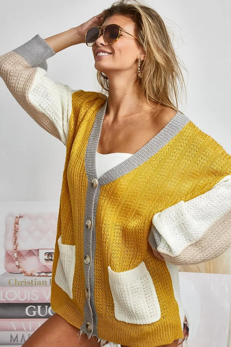 Color Block Sweater Cardigan with Button Closure