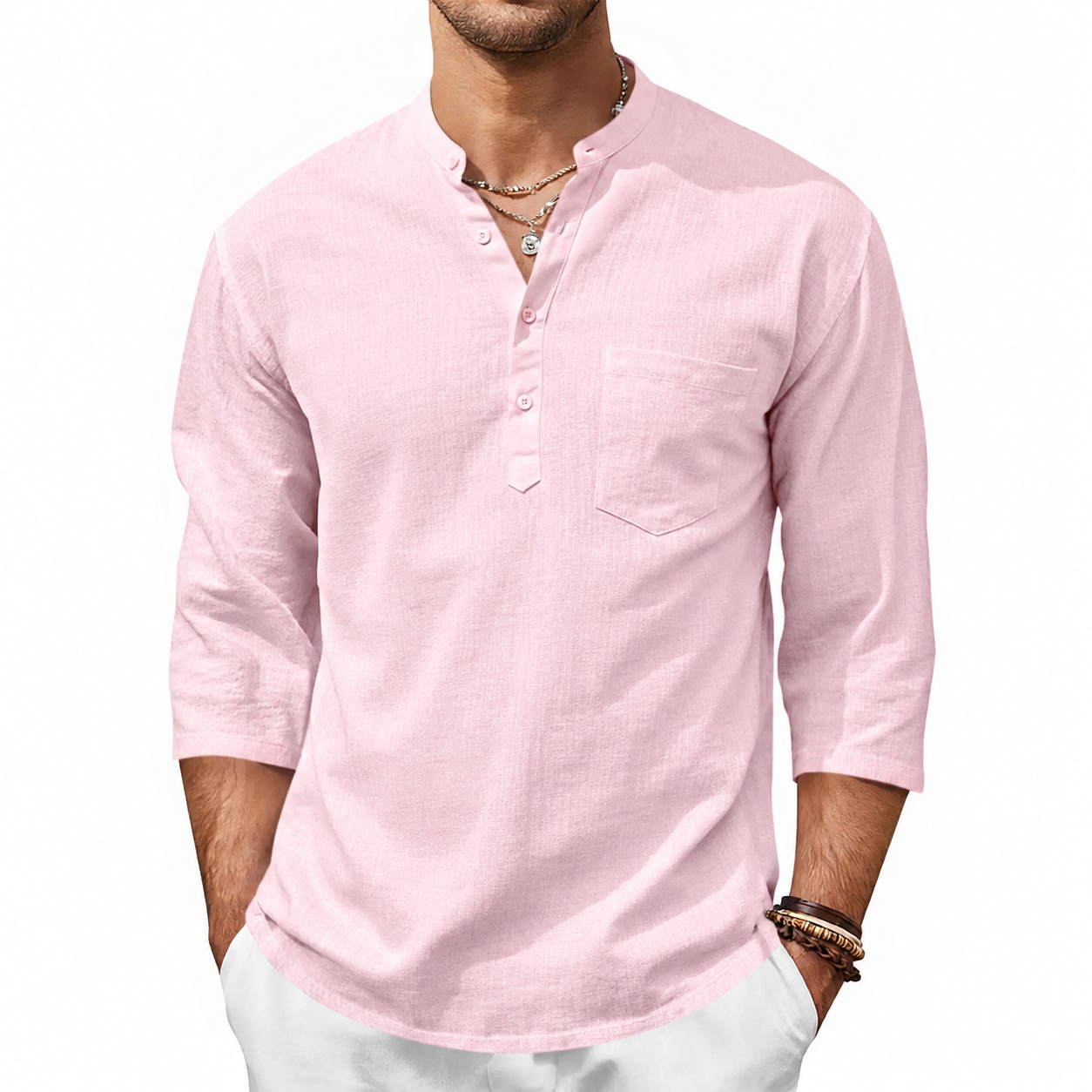 Men's Casual Henley Shirts 3/4 Sleeve Band Collar Cotton Linen Shirt Summer Beach Hippie T-Shirts with Pocket