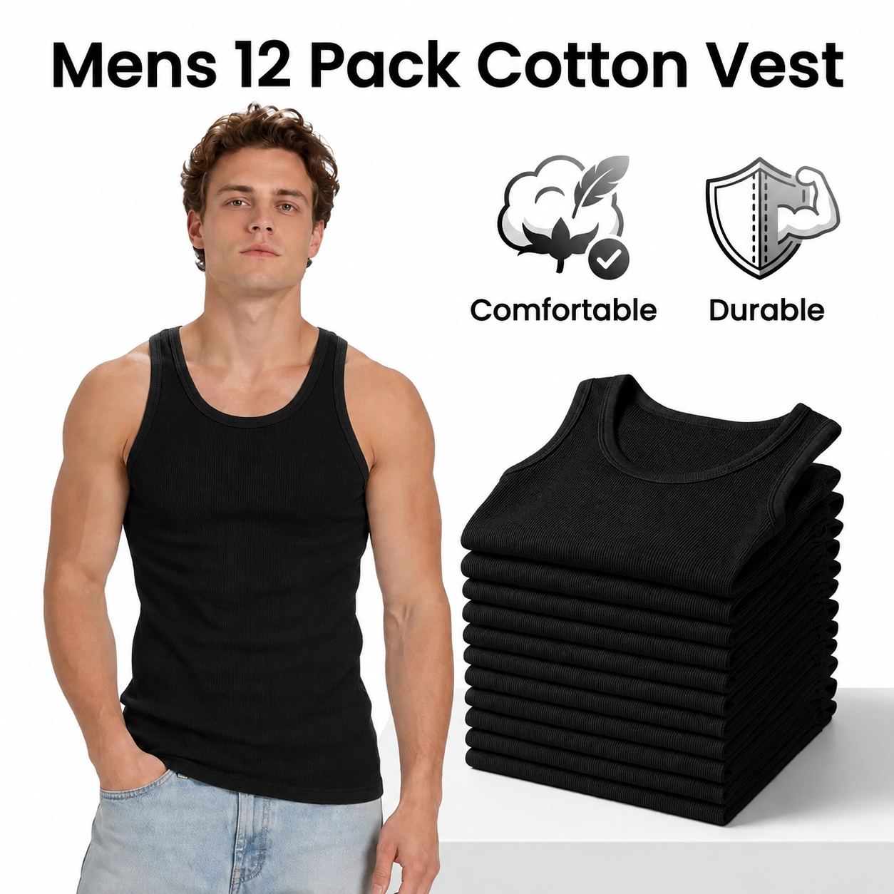 12 Pack Men's Ribbed Cotton Tank Tops Soft Stretch Sleeveless A-Shirts, Casual Everyday & Gym Basic Undershirts