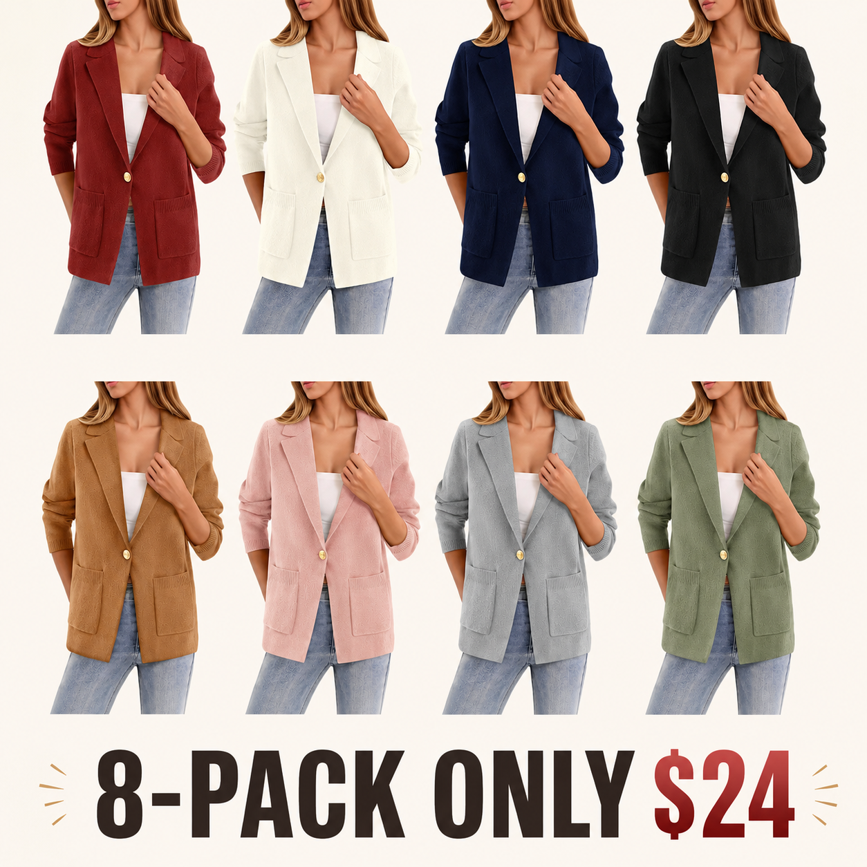 Women's Slim Fit Knit Blazer Jacket, Soft Polyester Open Front Blazer with Functional Pockets