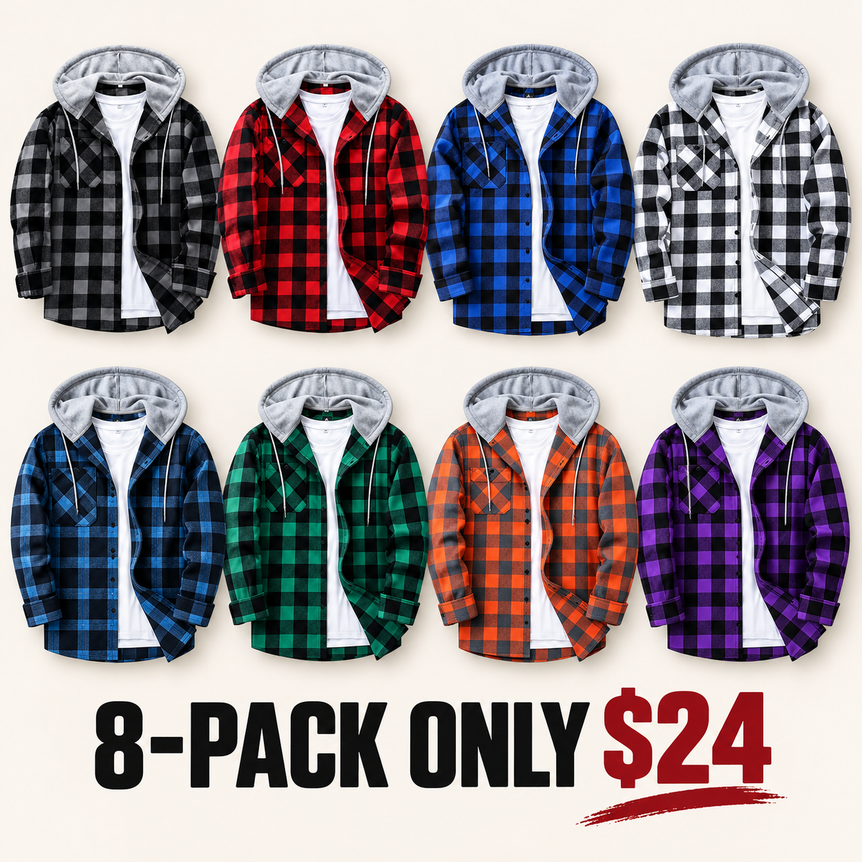 Men's Plaid Hooded Shirt Jacket, Long Sleeve Front Buckle Ankle Drawstring Casual Coat with Pockets