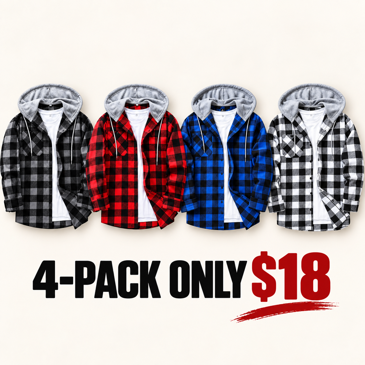 Men's Plaid Hooded Shirt Jacket, Long Sleeve Front Buckle Ankle Drawstring Casual Coat with Pockets