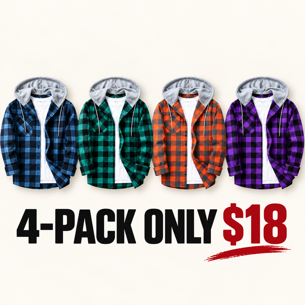 Men's Plaid Hooded Shirt Jacket, Long Sleeve Front Buckle Ankle Drawstring Casual Coat with Pockets