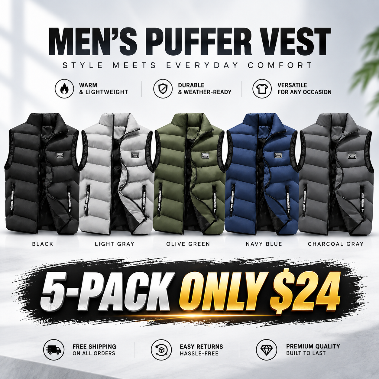 Men's Stand Collar Sleeveless Cargo Vest, Lightweight Windproof Polyester Gilet with Zipper Pockets