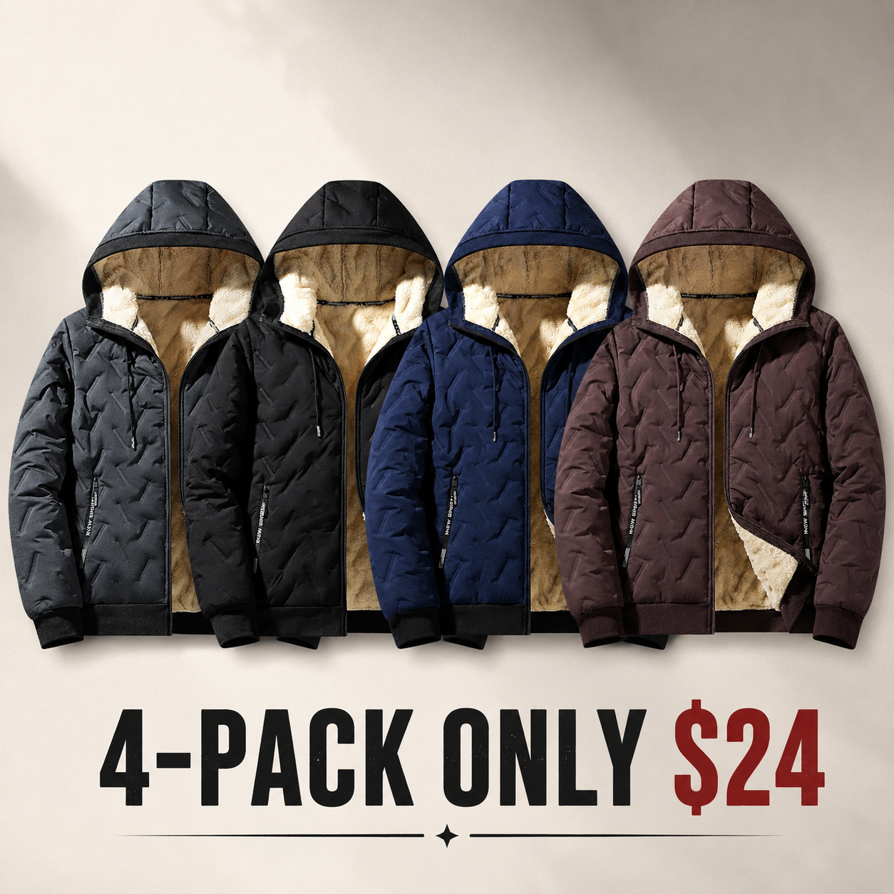 Men's Solid Baggy Fleece Lined Winter Jacket, Casual Hooded Windproof Full Zip Long Sleeve Outerwear for Outdoor Commute