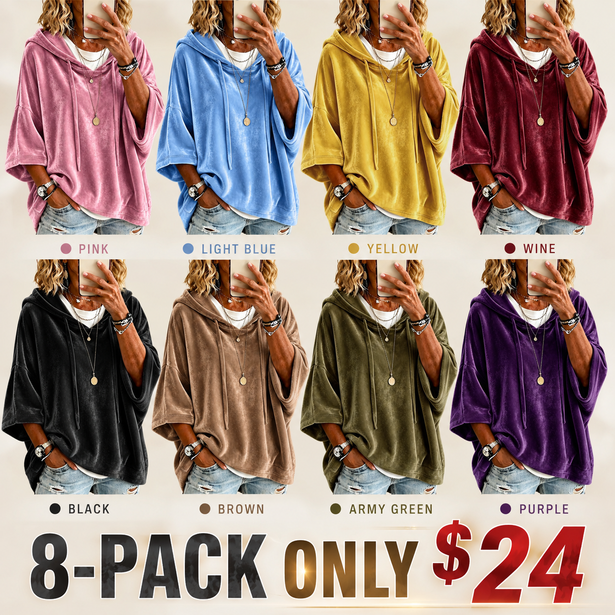 Women's Minimalist Velour 3/4 Sleeve Hoodie, Loose Oversized Adjustable Hood Pullove
