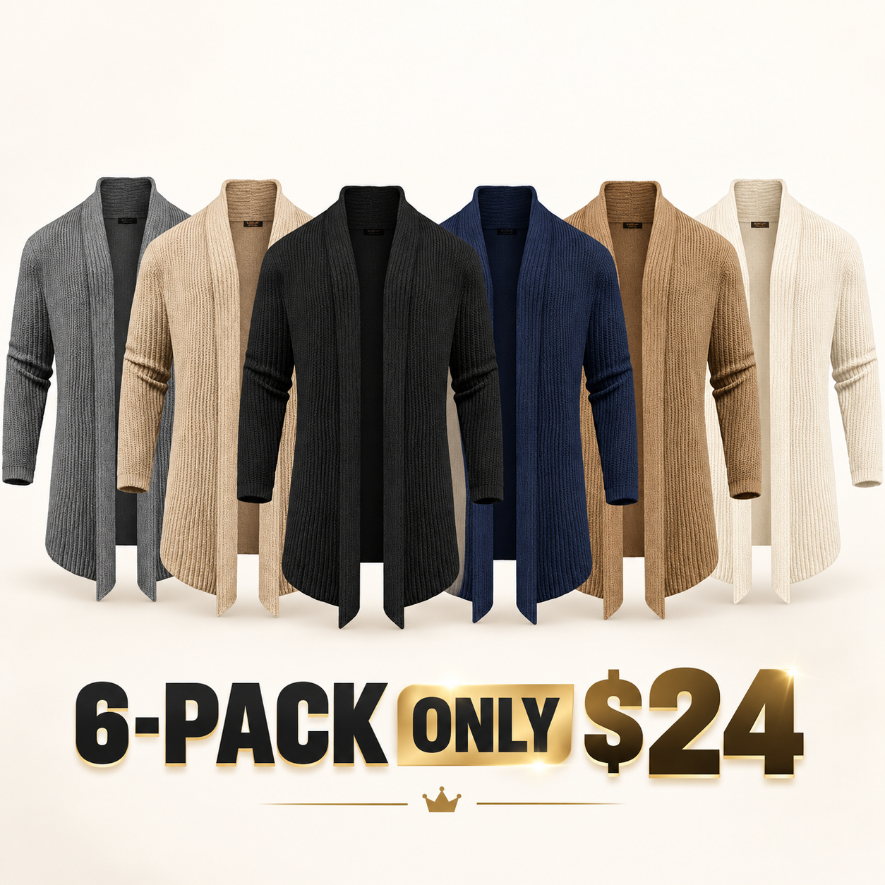 Men's Shawl Collar Knit Cardigan, Slim Fit Ruffle Detail Long Sleeve Solid Knit Sweater with Hanging Pockets