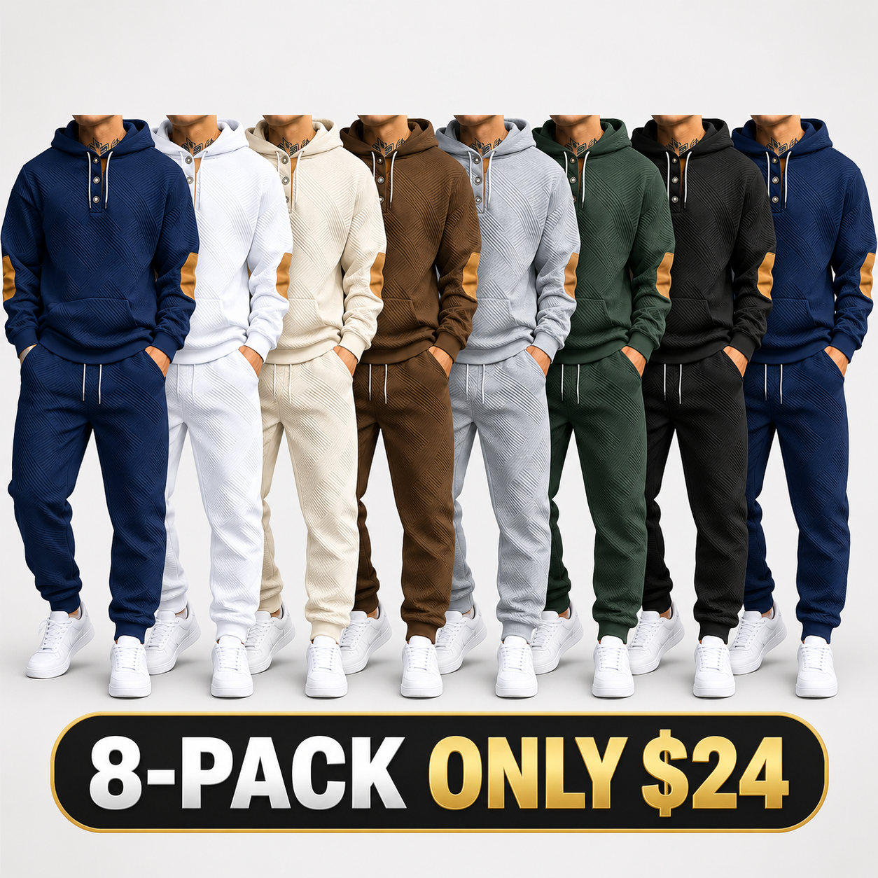 Men's 2‑Piece Textured Hoodie Tracksuit, Geometric Pattern Hooded Sweatshirt with Contrast Elbow Patches & Matching Sweatpants